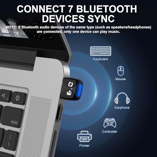 USB Bluetooth Adapter for PC, Bluetooth 6.0 Dongle Receiver EDR & BLE, Plug & Play for Windows 11/10/8.1, for Headphone/Keyboard/Mouse/Speakers/Printer