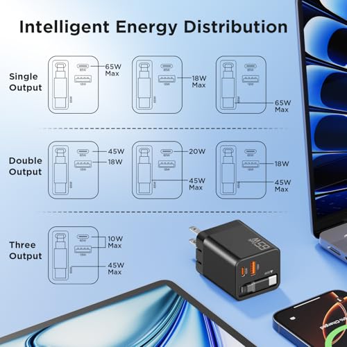 65W GaN USB C Charger with Retractable Charging Cable, 3-Port Power Adapter | Fast travel charger for MacBook, iPhone 17 16 15, Samsung Galaxy S24, iPad, multi port compact wall charging block, black - color: Black
