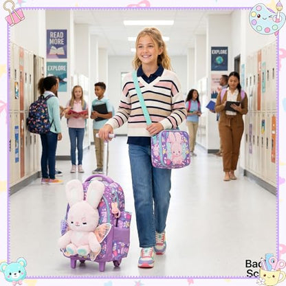 Meetbelify Rolling Backpack for Girls Backpacks with Wheels for Elementary Student Kids School Travel Bag for Girls Ages 6-8 Years Old - color: Purple Rabbit