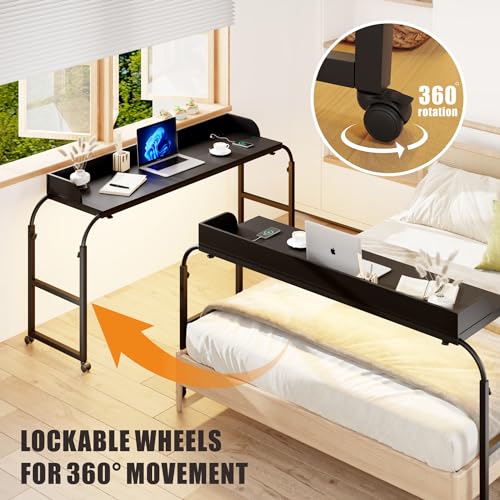 HWB Over Bed Desk with LED Light, Wheels & Charging Station, Black | Auto-sensor 3 Color LED light, Adjustable height, Smooth rolling wheels - color: Black