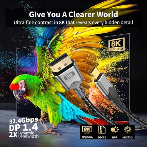 MaxRenard USB C to DisplayPort Cable 3.3FT,8K@60Hz & 4K/2K@240Hz Resolutions,Dual DisplayPort 1.4 to USB C Compatible with Thunderbolt 4/3 Cable,32Gbps high-speed transfer For Laptop,Tablet,iphone,etc - size: 3.3Feet, style: 8K-1Pack