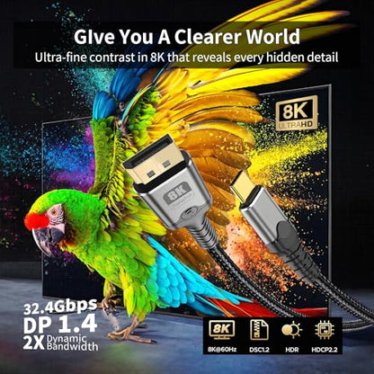 MaxRenard USB C to DisplayPort Cable 3.3FT,8K@60Hz & 4K/2K@240Hz Resolutions,Dual DisplayPort 1.4 to USB C Compatible with Thunderbolt 4/3 Cable,32Gbps high-speed transfer For Laptop,Tablet,iphone,etc - size: 3.3Feet, style: 8K-1Pack