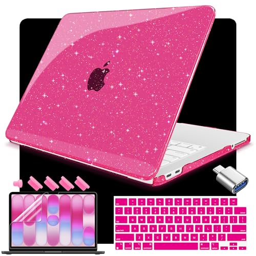 Teryeefi Glitter Case for MacBook Neo 13 inch Case 2026 (A18 Pro) Model A3404, Slim Protective Hard Shell Cover & Keyboard Cover & Type C Adapter - Sparkly Rose Pink - color: Glitter Rose Pink