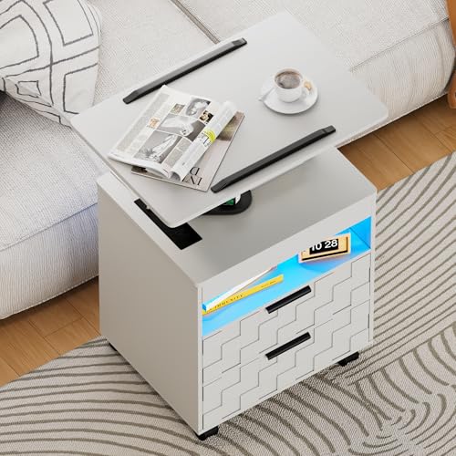 Lareth Rolling Nightstand with Wheels, LED Lights, Charging Station | Height Adjustable, Bedside Table 2 Drawers, Smart Wooden End Table Dorm Side Table Laptop Workstaion, Bedroom, White - color: A White