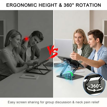 Laptop Stand with Cooling Fan, 360° Rotating Base Aluminum Laptop Riser, Foldable Ergonomic Computer Stand for Desk, Height Adjustable Notebook & All Laptops Up to 17.3" (Black) - color: Black