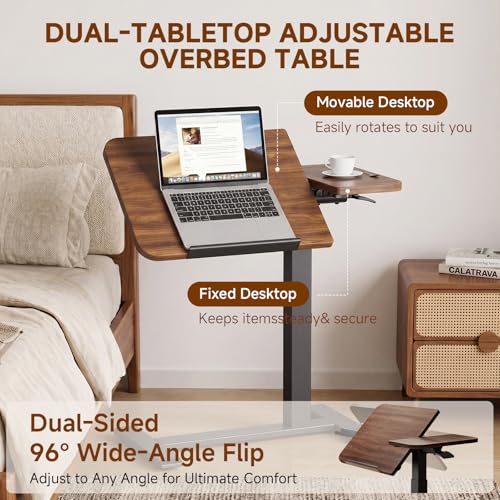 GTPLAYER Pneumatic Adjustable Standing Desk, 28 Inch Tiltable Mobile Rolling Laptop Table with Wheels, Overbed Bedside Table Computer Workstation for Home Office, Walnut - color: Walnut