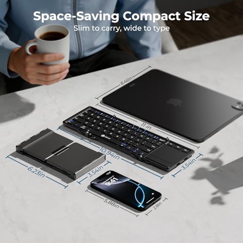 iClever Foldable Keyboard with Touchpad, BK08 Portable Tri-Folding Bluetooth Keyboard for iPad, iPhone, Windows, Mac & Android — Connect Up to 3 Devices | Multi-Touch Trackpad, Pocket-Sized, Aluminum Build, 3-Device Bluetooth Switching, USB-C Charging, fo