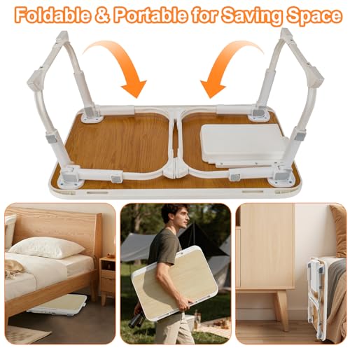 Laptop Desk for Bed, Adjustable Height Laptop Bed Table, Foldable Lap Desk with USB Charge Port, Desktop Card Slot, Side Drawer, Book Shelf, Portable Lap Tray for Eating Reading Working Sofa & Floor