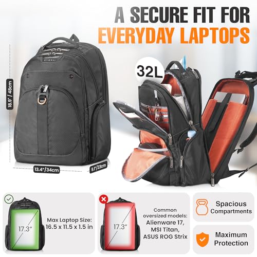 EVERKI Atlas Business Backpack with Laptop Compartment, Black - 32 Liters | Polyester, Durable, Adjustable Padded Pockets, Business, Travel - Friendly & Work, Water Repellent, Fits up 13\" to 17.3\" - size: 32 Liters