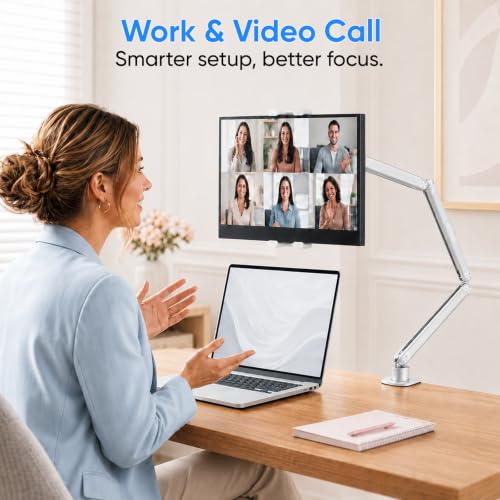 Portable Monitor Stand up to 18.5", iPad Stand for Desk, Silver | Aluminum Arm, Portable Monitor Holder 15.6", Adjustable Desktop Tablet Mount, Second Screens - size: 3 Arm Pro-Up to 18.5" Silver