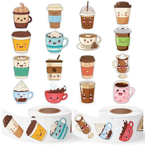 Haooryx Cute Coffee Sticker Rolls - 1000Pcs Bubble Milk Tea Coffee Latte Cup Sticker 2 Rolls Self Adhesive Waterproof Vinyl Water Bottle Laptop Junk Journal Birthday Party Favor Easter Basket Stuffers - style: Cute Coffee