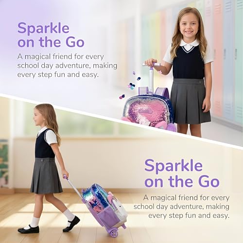 Kids Rolling Backpack for Girls, Champagne Sequins, 3PCS Set | Squinty Eyes, Trolley Suitcases Luggage Travel with Wheels,Bookbag Wheeled Toddler Back Pack Backpacks School Bags Elementary - color: Champagne-0121-miyan