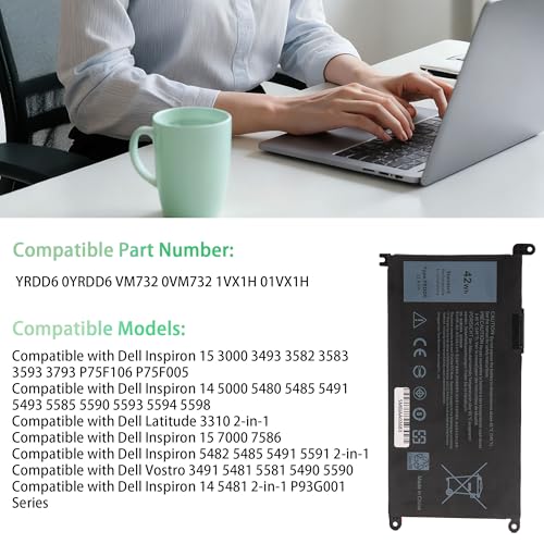 42Wh YRDD6 1VX1H Battery Replacement for Dell Inspiron 14 15 3000 5000 3493 3582 5480 5485 5491 5493 5585 5590 5593 5594 5698 P93G001 7586 Vostro 3491 VM732 0VM732 1VX1H 01VX1H