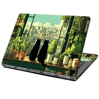 Laptop Skin Sticker Decal 12" 13" 13.3" 14" 15" 15.6",Waterproof Scratch Resistant Vinyl,Reusable Easy to Apply,for MacBook HP Dell Notebooks Netbooks Laptop,2 Wrist Pads,Cute Cat Window Plant - color: Cute Cat Window Plant