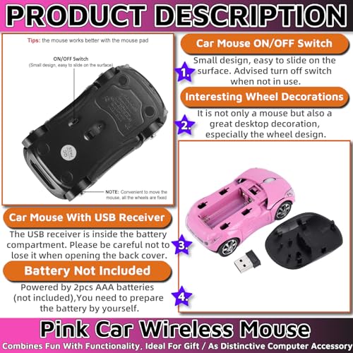 HuGuWdy Pink Wireless Car Mouse - 2.4G Wireless with USB Receiver, Optical Mouse for PC, Laptop, Tablet - Win XP/Vista/7/ME/2000/Mac OS Pink Mouse for Her for Christmas - color: Pink