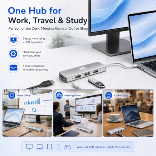 HP USB C Docking Station 5-in-1 Multi-Port USB C Hub,100W Power Delivery | Dual Monitor Support, 5Gbps Data Transfer, Aluminum Heat Dissipation,Portable,for Laptops, MacBook, iPad,and More,Silver