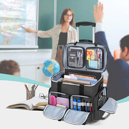 Rolling Teacher Tote Bag with 2 Detachable Pouches for Work, Black | Wheeled Teacher Uility Bag with 15.6" Padded Laptop Sleeve, Large Briefcase with Detachable Trolley for Women - color: Black