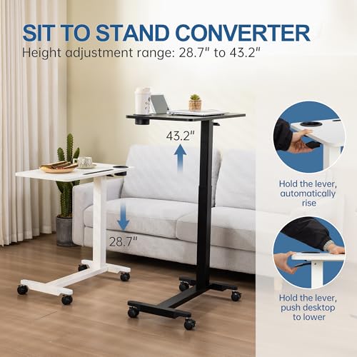 Adjustable Overbed Table with Wheels, Over Bed Tray with Cup Holder | Rolling Medical Adjustable Height Standing Laptop Desk, Portable Hospital Bedside Tables, Pneumatic Computer Cart| Black - color: Black
