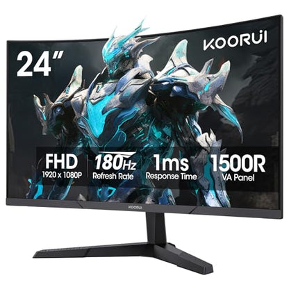 KOORUI 24 inch Curved Gaming Monitor 180Hz FHD 1080P, 1ms 1500R Display | Adaptive Sync, 99% sRGB, HDMI×2 and DisplayPort, Eye Care, VESA, Tilt, FPS & Console Gaming, Bedroom/Dorm Setup - size: 24inch 180Hz/FHD/Curved