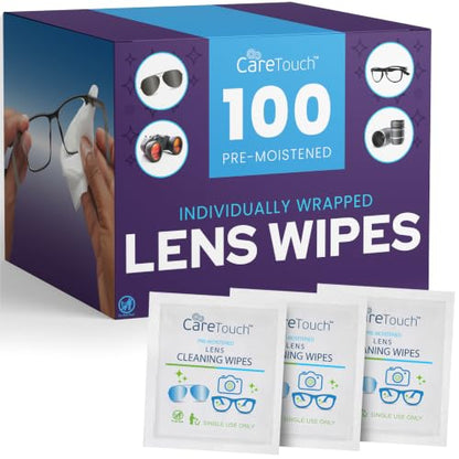 Care Touch Lens Wipes for Eyeglasses- 100 Count Individually Wrapped Pre- Moistened Wipes, 5 x 6 Inch- Camera Lens, Sunglasses and Glasses Cleaner,- Gentle and Portable for Cleaning of Optical Devices - size: 100 Count (Pack of 1)