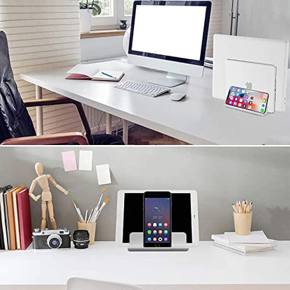 Vertical Laptop Stand [Updated Version], 3 Slot Desktop Stand Holder with Adjustable Dock, 4 in 1 Design Space-Saving Laptop Stand for Desk MacBook/Surface/Samsung/HP/Dell/Chrome Book (Silver)