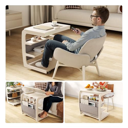 AQIMUELE Rolling Side Table, C Shaped End Table, C Table with 4 Wheels Solid Wood Small Rolling Desk with Adjustable Desktop,C Shaped End Table for Couch,Home Office(15.6" D x 23.6" W x 24.3" H) - color: White, size: 15.6"D x 23.6"W x 24.8"H, style: Moder