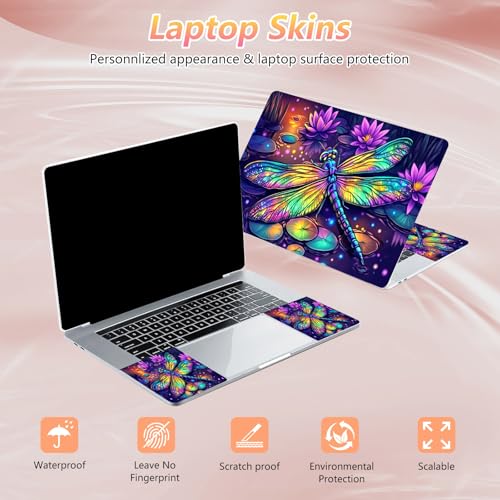 Laptop Skin Sticker Decal 12" 13" 13.3" 14" 15" 15.6",Waterproof Scratch Resistant Vinyl,Reusable Easy to Apply,for MacBook HP Dell Notebooks Netbooks Laptop,2 Wrist Pads,Colorful Dragonfly Lotus - color: Colorful Dragonfly Lotus