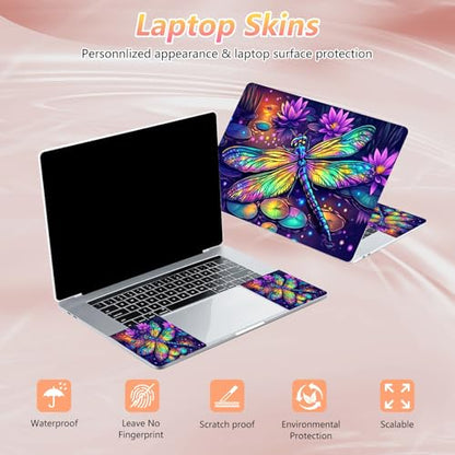 Laptop Skin Sticker Decal 12" 13" 13.3" 14" 15" 15.6",Waterproof Scratch Resistant Vinyl,Reusable Easy to Apply,for MacBook HP Dell Notebooks Netbooks Laptop,2 Wrist Pads,Colorful Dragonfly Lotus - color: Colorful Dragonfly Lotus
