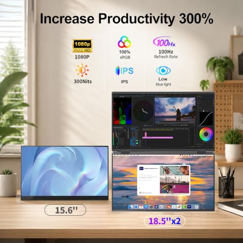 Dual Portable Monitor 18.5" 1080P FHD HDR 360° Folding Stacked Triple Laptop Screen Extender, USB-C HDMI Second Monitor for Laptop, Mac, Windows, VESA Mountable(Driver Need) - size: 18.5 inch Dual monitor Metal