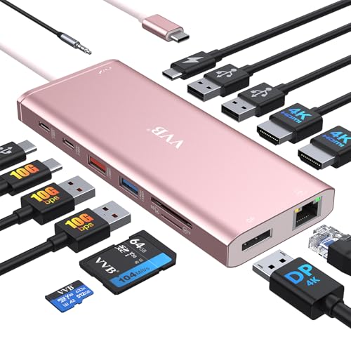 USB C Laptop Docking Station Dual Monitor HDMI USB C Hub Type C Dongle Dock | Multiport Adapter 14 in 1 USB C to 2 HDMI 4K+DisplayPort+Ethernet+4USB+2USB C+100W PD Charger+SD/TF for Dell/Lenovo/HP Laptop - color: Pink
