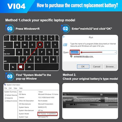 VI04 Battery for Hp Spare 756478-422 756743-001 756478-851 756745-001 | 756744-001 756479-421 756478-421 VI04041 VI04XL V104, ProBook 450 G2 440 G2, Pavilion 15-P011na 15-P165sa, Envy M7-K111D - size: 12.1 * 2.8 * 1.8 Inch VI04