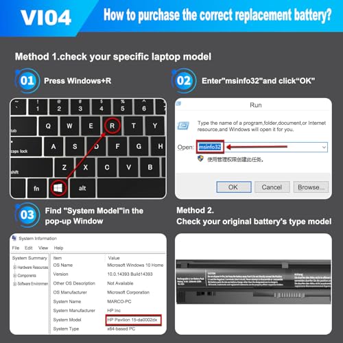 VI04 Battery for Hp Spare 756478-422 756743-001 756478-851 756745-001 | 756744-001 756479-421 756478-421 VI04041 VI04XL V104, ProBook 450 G2 440 G2, Pavilion 15-P011na 15-P165sa, Envy M7-K111D - size: 12.1 * 2.8 * 1.8 Inch VI04