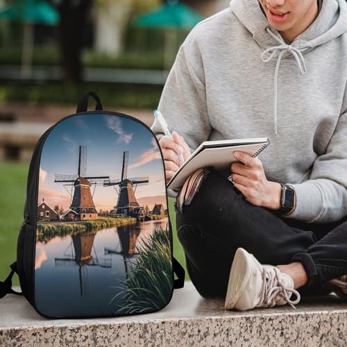 17-Inch Laptop Backpack Water-Resistant Dutch Windmill Daypack with Shoulder Strap Lightweight Casual Rucksack for Travel Commuter Hiking Outdoor Activities 20l Black