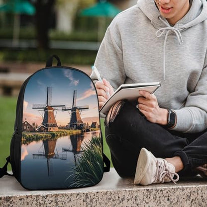 17-Inch Laptop Backpack Water-Resistant Dutch Windmill Daypack with Shoulder Strap Lightweight Casual Rucksack for Travel Commuter Hiking Outdoor Activities 20l Black