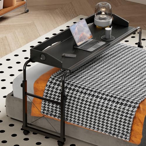 Overbed Table with Wheels, Adjustable Queen Size Bed Desk, Black | Fits Twin To King Beds, Adjustable Height & Length Rolling Over Bed Table For Hospital and Home, with 4 Locking Casters - color: Black