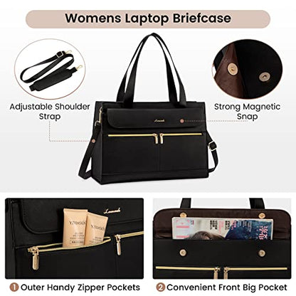 LOVEVOOK Laptop Tote for Women - 15.6 Inch Professional PU Leather Computer Briefcase, Waterproof Handbag, Large Capacity Business Teacher Office Bag, Crossbody Purse - Black - color: Black-2, size: 15.6 Inch