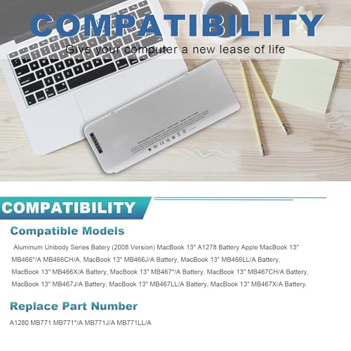 Fancy Buying 56Wh A1280 Laptop Battery for Apple A1280 A1278 (2008 Version) MacBook 13-Inch Series, Compabiel for MB771G/A MB467LL/A MB466LL/A - size: 8.23*3.07*0.79inch A1280
