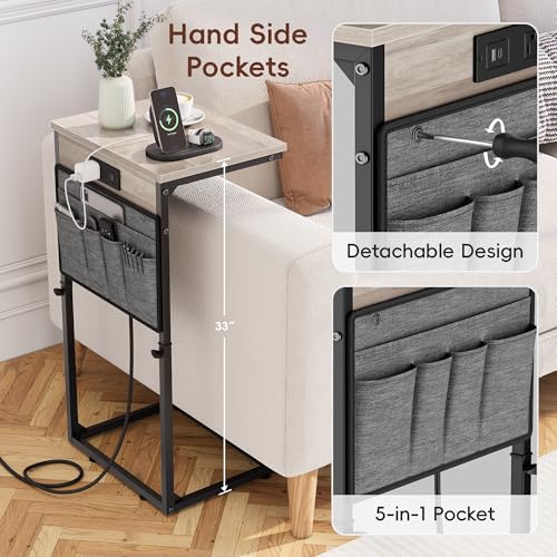 Vagusicc C-Shaped End Table with Charging Station, Small Side Table for Couch, 33" Tall C Table Adjustable Height Side Table, Couch Tables that Slide Under, Sofa Table TV Tray for Living Room,Gray - color: 1pc Greige