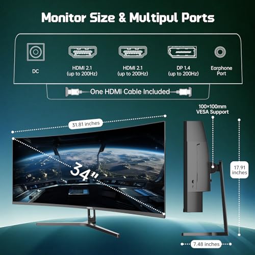 34 Inch Curved Gaming Monitor 200Hz UWQHD 3440×1440P Curved Monitor | HDMI 2.1×2 DP1.4×1 AI Crosshair 21:9 PIP/PBP, MPRT 1ms Fast VA Display (G34F1Q, One HDMI 2.1 Cable Included) - size: 34 Inch