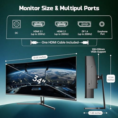 34 Inch Curved Gaming Monitor 200Hz UWQHD 3440×1440P Curved Monitor | HDMI 2.1×2 DP1.4×1 AI Crosshair 21:9 PIP/PBP, MPRT 1ms Fast VA Display (G34F1Q, One HDMI 2.1 Cable Included) - size: 34 Inch