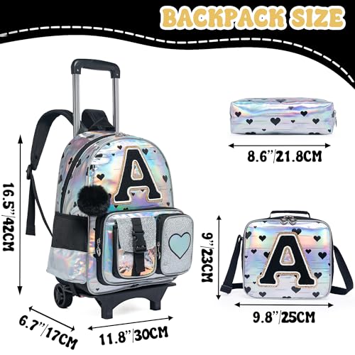 HTgroce Cute Rolling Backpack with Wheel,School Backpack for Kids Girl Roller Schoolbag Wheeled Backpacks Set Carry-on Luggage,Initial A - color: Silver, style: A