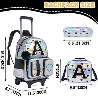 HTgroce Cute Rolling Backpack with Wheel,School Backpack for Kids Girl Roller Schoolbag Wheeled Backpacks Set Carry-on Luggage,Initial A - color: Silver, style: A