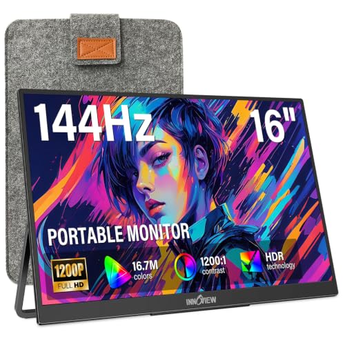 InnoView 16" Portable Monitor 144Hz USB-C, 120Hz HDMI, Portable Gaming Monitor with Sleeve, Lightweight External Travel Monitor for Laptop, MacBook Surface PC Xbox PS4/5 (Not Includes Adapter) - size: 16 Inch