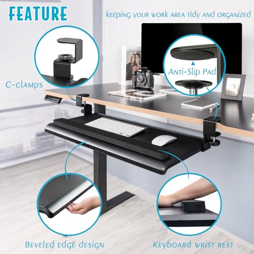 EHO Large Ergonomic C-Clamp Keyboard Tray Mount Under Desk with Wrist Rest, Slide-Out Platform 27.5" (31.8" Including Clamps) x 12.5", Pull Out Keyboard & Mouse Tray for Home or Office, Black - size: 27.5 inch, style: Keyboard and mouse tray platform with