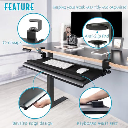EHO Large Ergonomic C-Clamp Keyboard Tray Mount Under Desk with Wrist Rest, Slide-Out Platform 27.5" (31.8" Including Clamps) x 12.5", Pull Out Keyboard & Mouse Tray for Home or Office, Black - size: 27.5 inch, style: Keyboard and mouse tray platform with