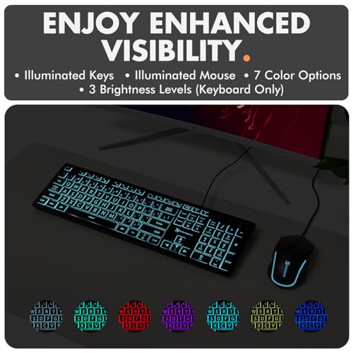X9 Wired Keyboard and Mouse Combo - Large Print Backlit Keyboard and Mouse for Elderly, Low Vision, Visually Impaired - 7 LED Light Up Color, Lighted Large Letters for Laptop PC Computer USB