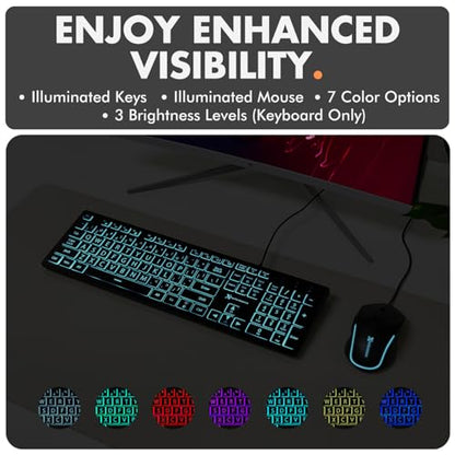 X9 Wired Keyboard and Mouse Combo - Large Print Backlit Keyboard and Mouse for Elderly, Low Vision, Visually Impaired - 7 LED Light Up Color, Lighted Large Letters for Laptop PC Computer USB