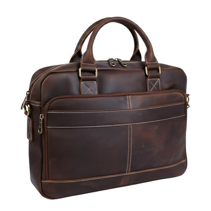 16" Full Grain Leather Briefcase Laptop Bag Shoulder Messenger Bag Classic Handbag for Business or Travel | Full Grain Leather - color: Dark Coffee