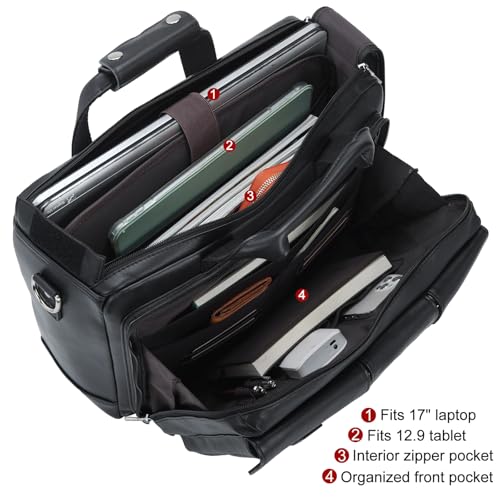 TIDING Leather Briefcase for Men 17.3" Laptop Business Travel Messenger Bag | Large Opening Main Compartment, Detachable Laptop Sleeve, Multi Pockets, Luggage Strap, Anti-theft Pocket - color: Black