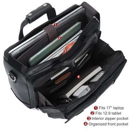 TIDING Leather Briefcase for Men 17.3" Laptop Business Travel Messenger Bag | Large Opening Main Compartment, Detachable Laptop Sleeve, Multi Pockets, Luggage Strap, Anti-theft Pocket - color: Black